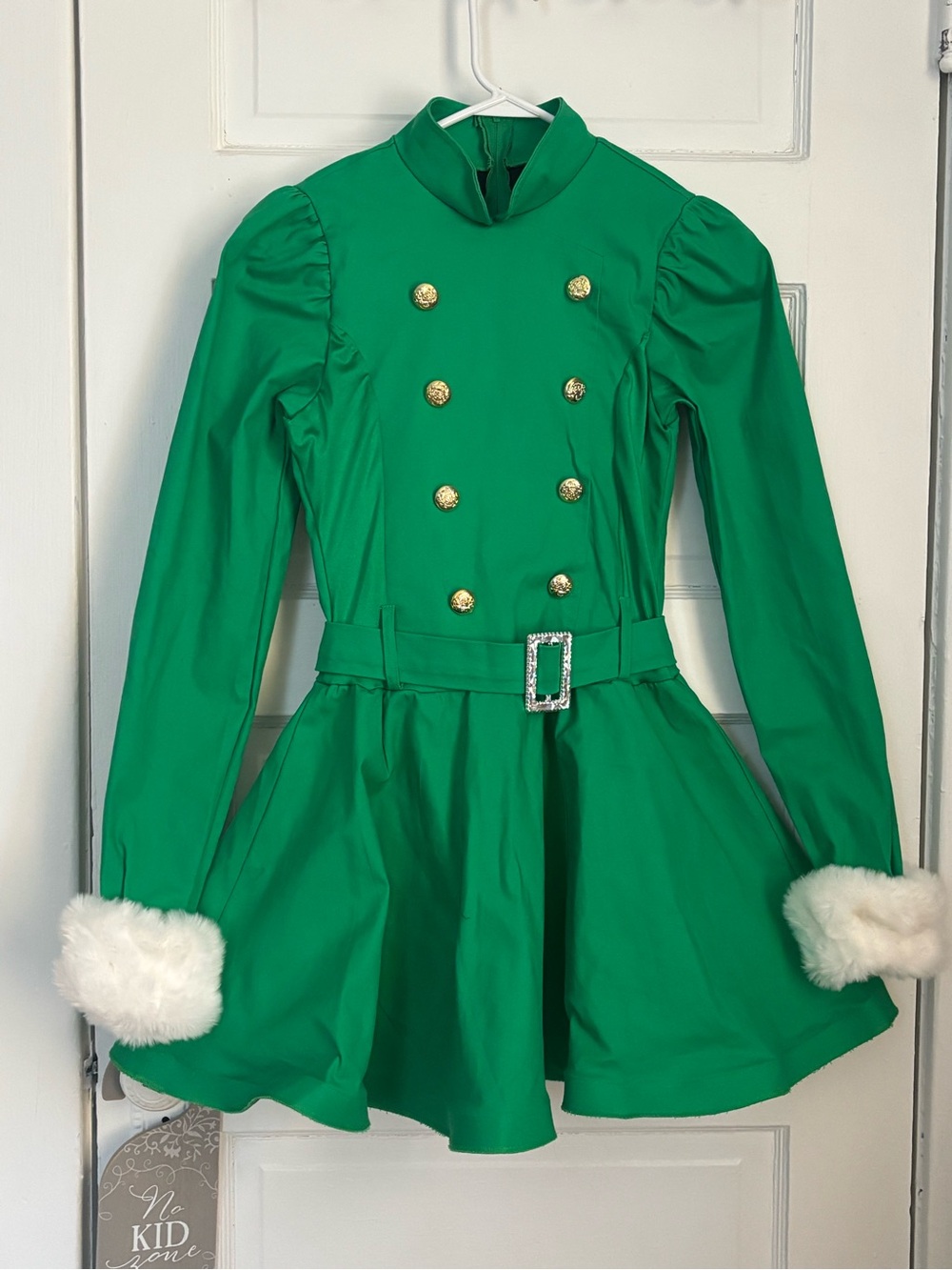Weissman Green Double-Breasted Holiday Coat Dress with Jeweled Belt
